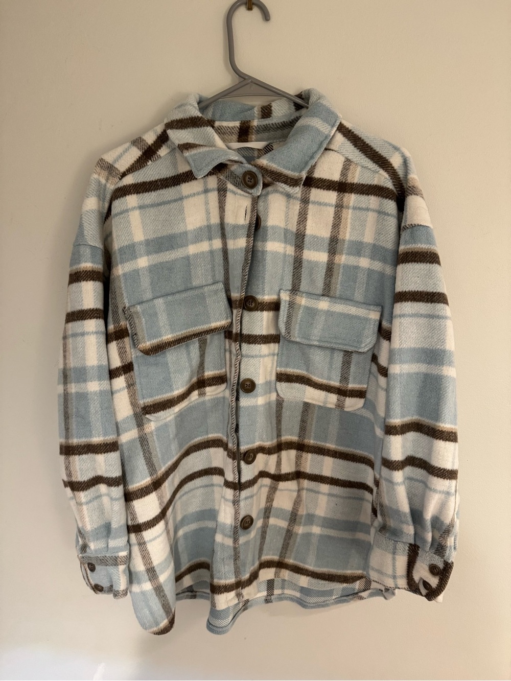 Light Blue and Brown Plaid Button-Up Shirt Jacket
